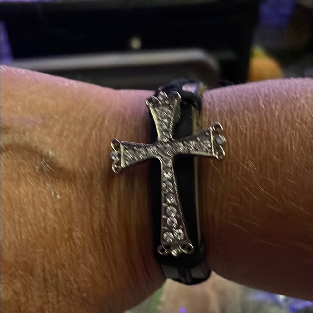 Silver and Black Cross leather band adjustable Bracelet